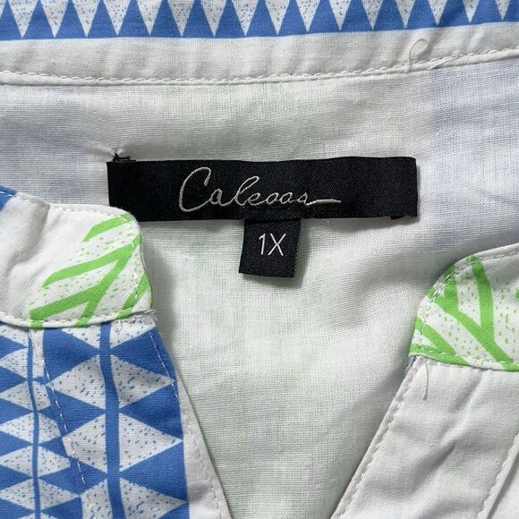 Caleoas Aztec Striped Mini Dress Womens Sz 1X White 3/4 Sleeves Button Front - Picture 5 of 11